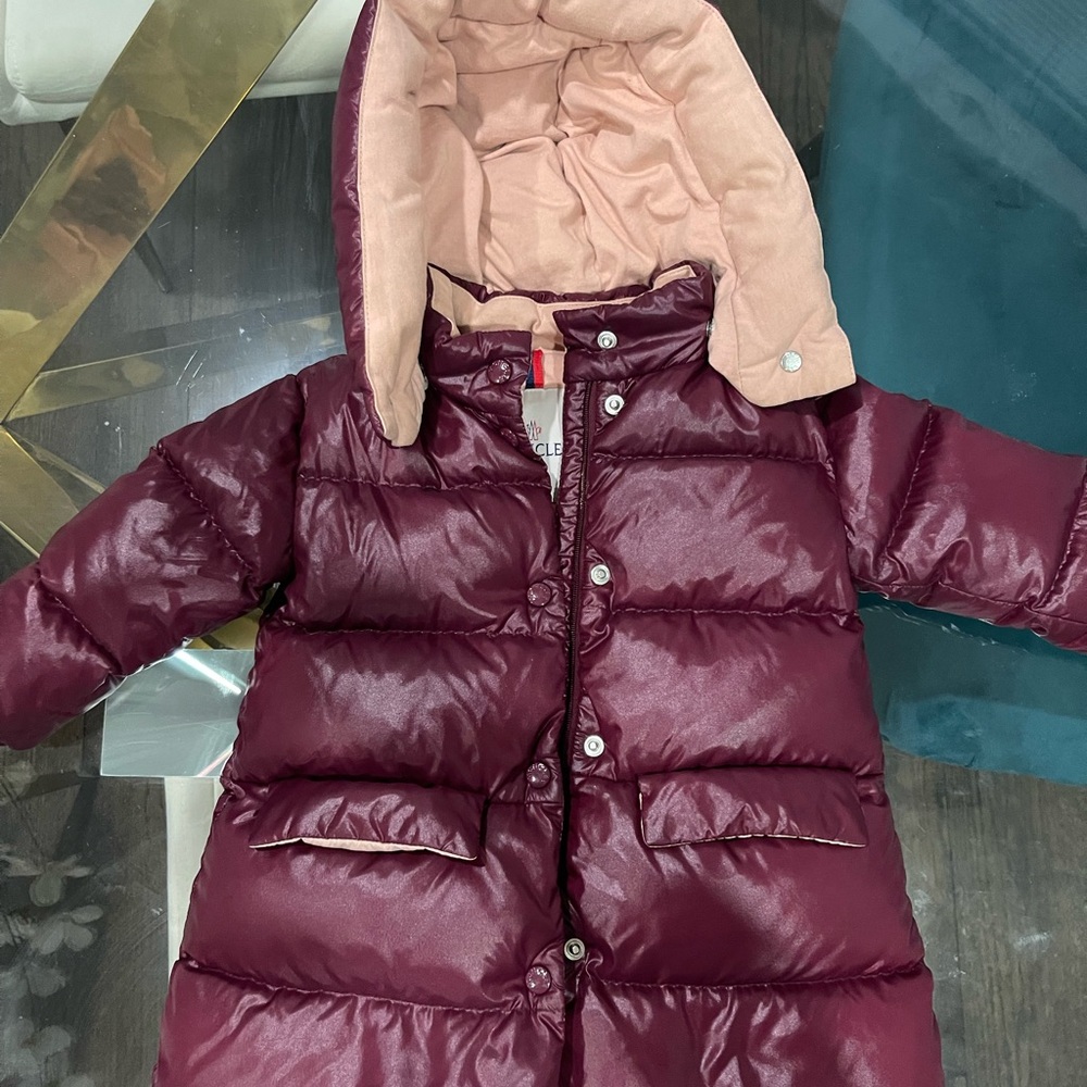 Moncler Burgundy and Beige Hooded Puffer Jacket